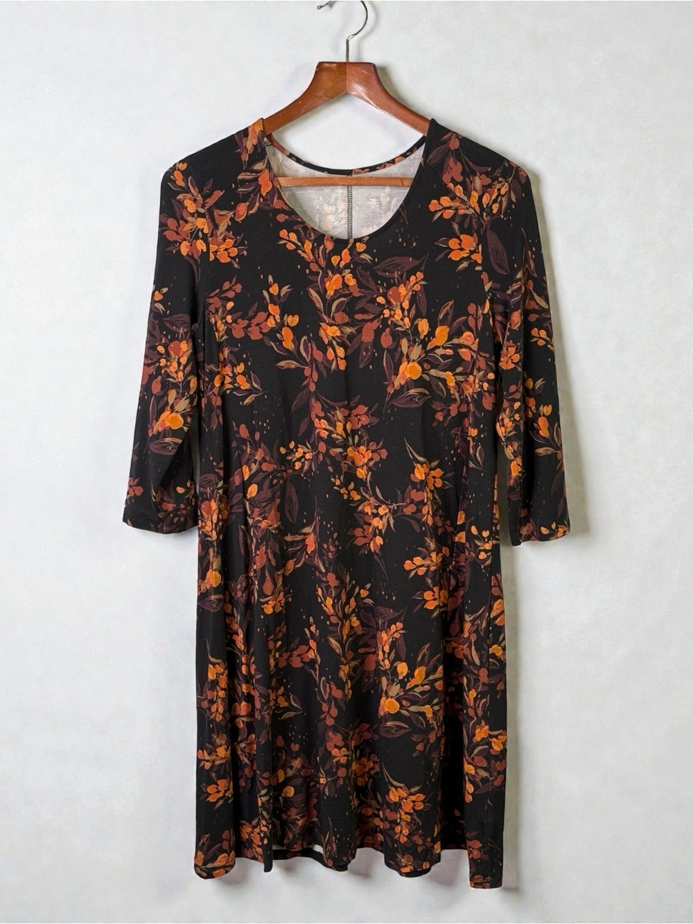 Garnet Hill Seamed Knit Trapeze Dress M Floral Knee Length Tencel Swing